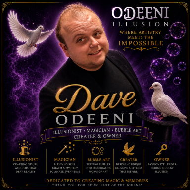 Promotional portrait of Dave Odeeni, illusionist and creator of Odeeni Illusion, with white doves and purple magical effects.