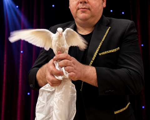 Odeeni Circus of Illusion magician performing classic dove magic with a white dove.